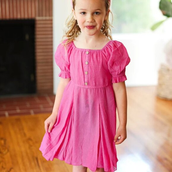 NWT- Sizes-Sm-Med- & Extra Large -PINK Button Square Neck Pleated Back Dress - Picture 1 of 3